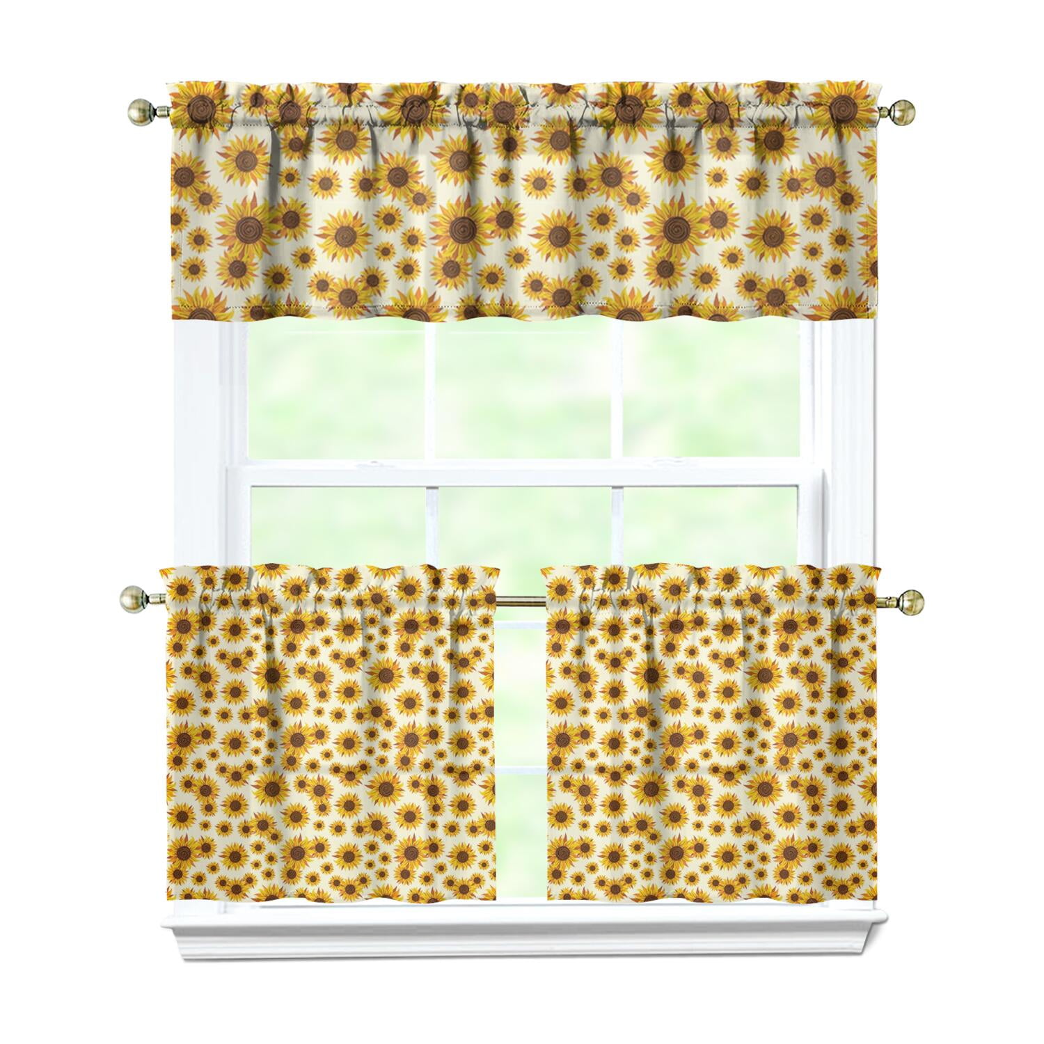 Yellow Sunflower Kitchen Curtains Set - 3 Pack Boho Floral Tier ...