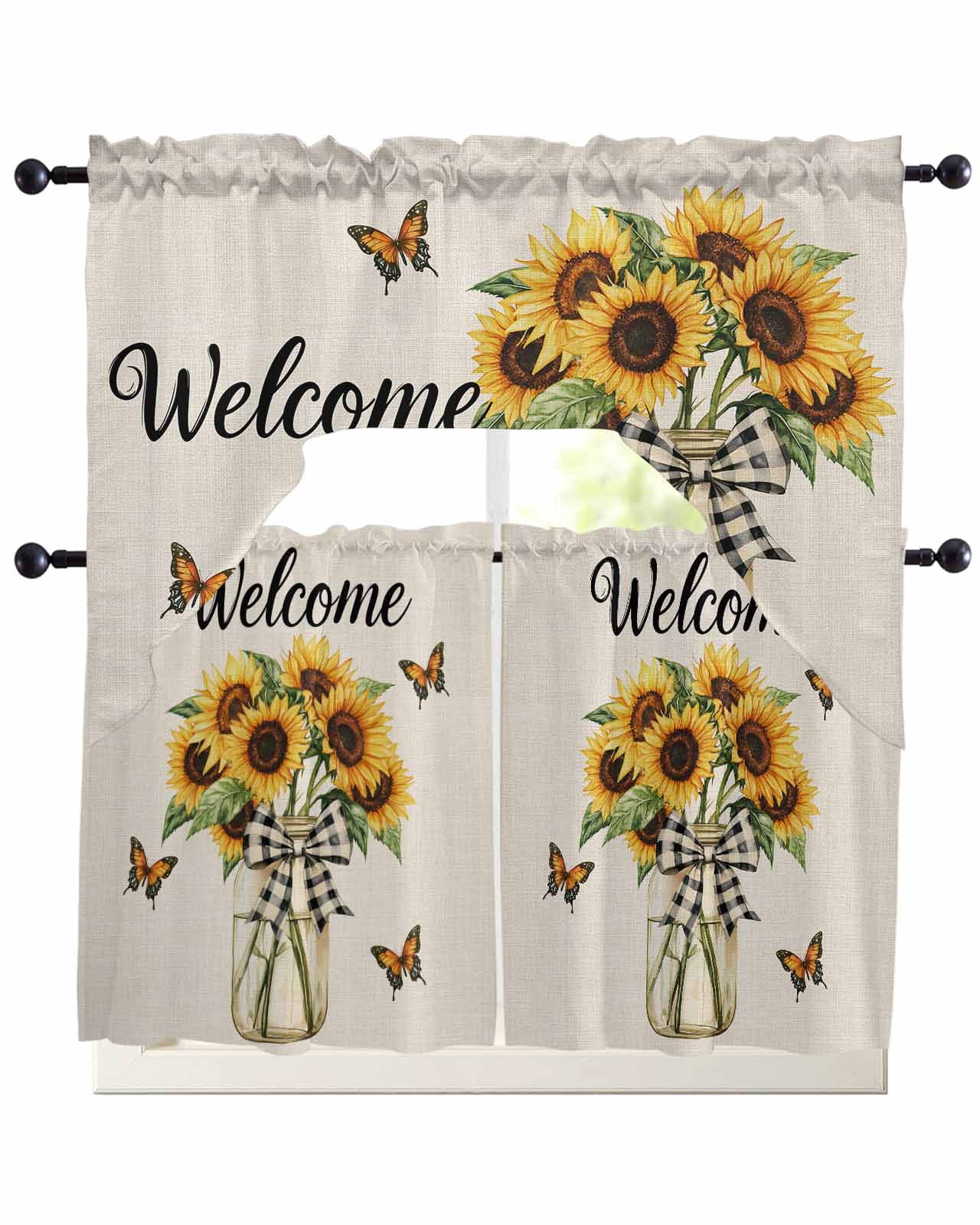 Yellow Sunflower Kitchen Curtains Sets 24 Inch Length with Valance ...