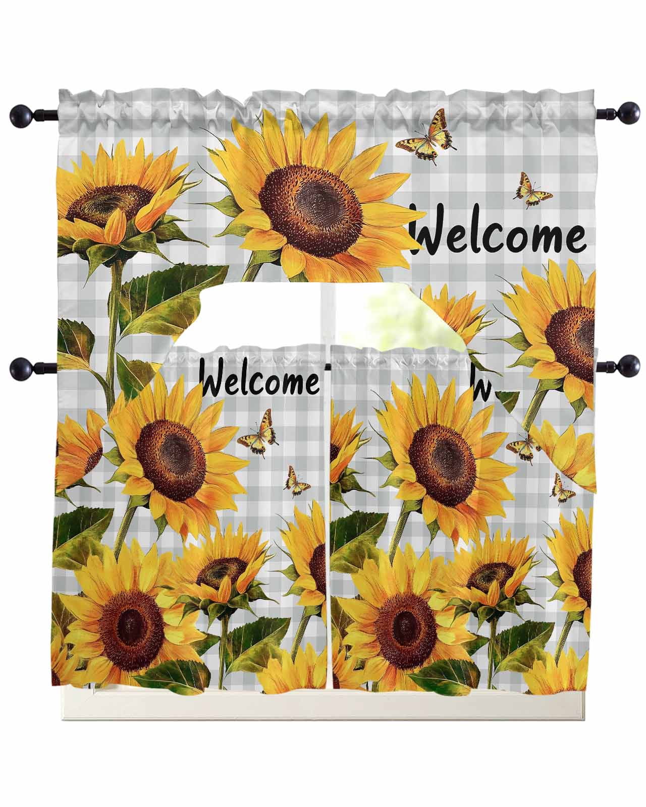 Yellow Sunflower Kitchen Curtains Sets 24 Inch Length with Valance ...