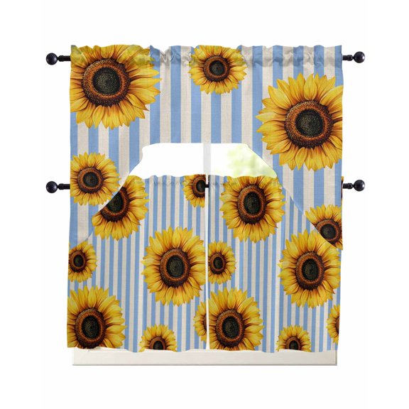 Yellow Sunflower Kitchen Curtains Sets 36 Inch Length with Valance, Blue Beige Striped Beige Vintage Swag Valances and Tiers Curtain Set Drapes Swag Curtains for Living Room, Bathroom, Bedroom, Cafe