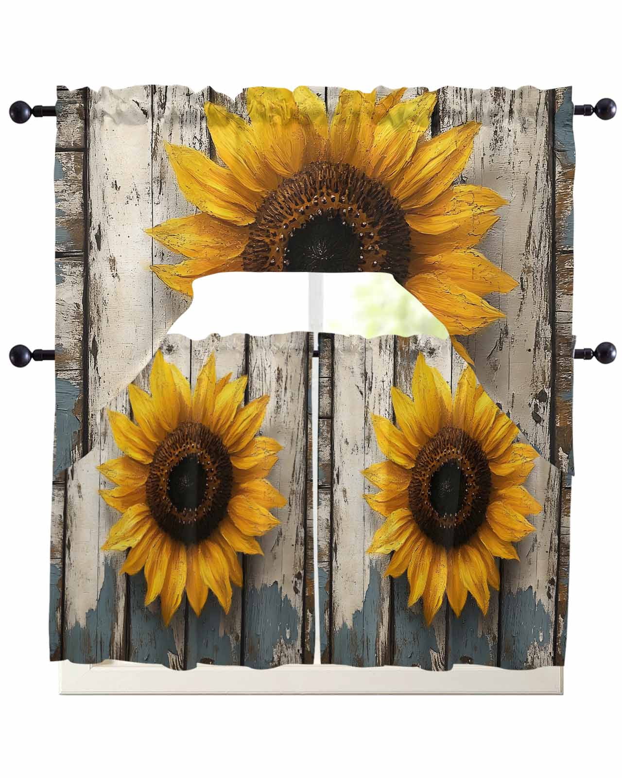 Yellow Sunflower Kitchen Curtains Sets 36 Inch Length with Valance ...