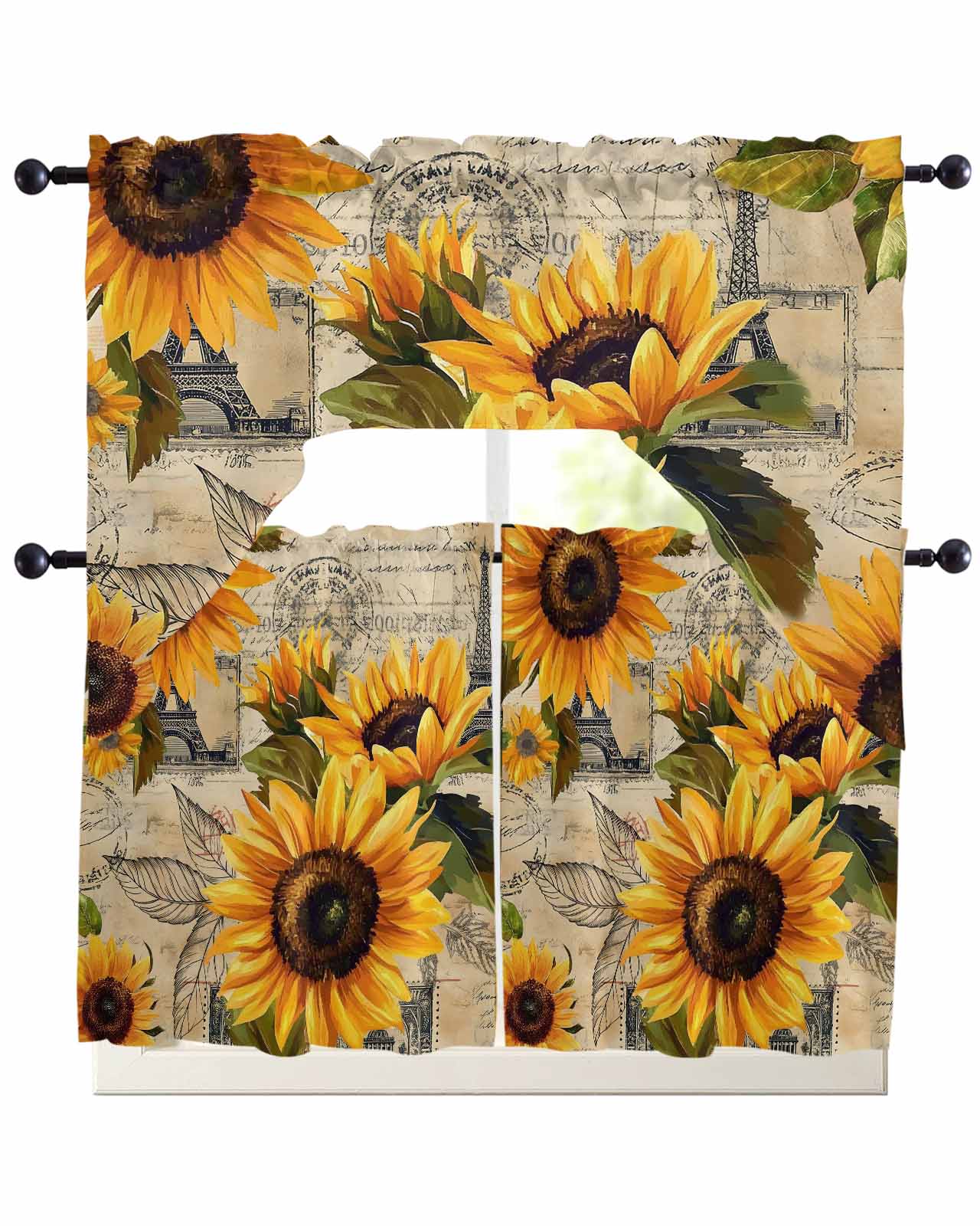 Yellow Sunflower Kitchen Curtains Sets 36 Inch Length with Valance ...