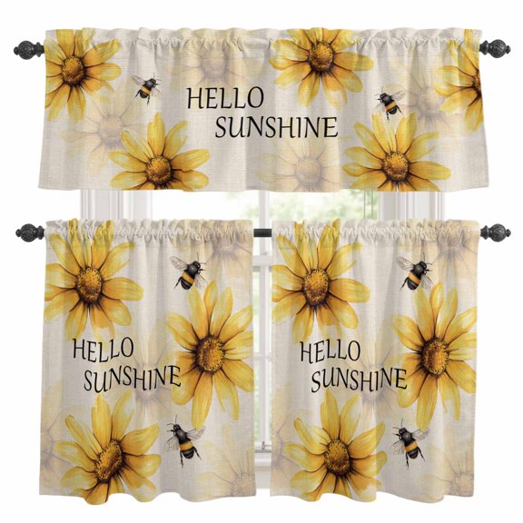 Yellow Sunflower Kitchen Curtains Sets for Windows 24 Inch Length, Bee Retro Simple Text Art Aesthetic Rod Pocket Window Treatments Tier Curtains and Valances Set for Bedroom/Bathroom