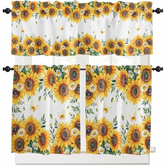 Yellow Sunflower Kitchen Curtains, Spring Floral Striped Farmhouse 3-Piece Kitchen Curtain Valance and Tiers Set 24 Inch Length, Rod Pocket Half Window Curtains for Cafe Living Room Bathroom
