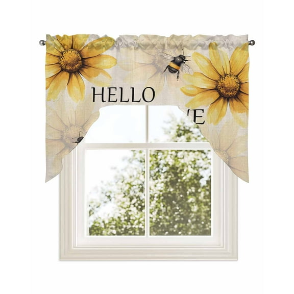 Yellow Sunflower Kitchen Curtains Swag Valance for Windows/Bathroom/Cafe, Bee Retro Simple Text Art Aesthetic Rod Pocket Drape Panel Swag Curtains Valance for Bedroom/Living Room 56"x36"