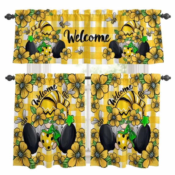 Yellow Sunflower Kitchen Curtains Valances and Tiers Set of 3 Welcome Gnome Green Bow Pastoral Plaid Tier Curtains and Valance with Rod Pocket for Small Windows, 27.5"x24"