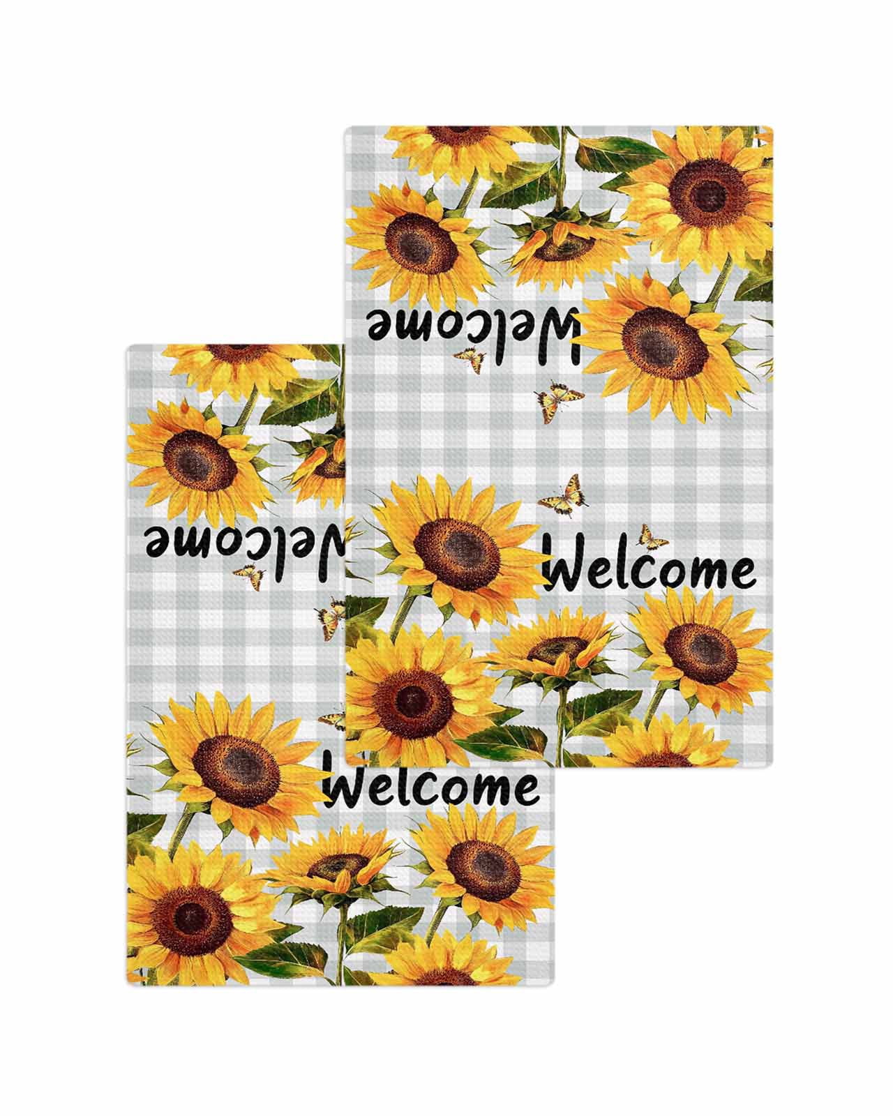 Yellow Sunflower Kitchen Dish Towels for Drying Dishes Set of 2, Butterfly Grey Buffalo Plaid Spring Waffle Weave Microfiber Terry Hand Tea Bathroom Towels Quick Dry & Absorbent Towel 15.7x23.6