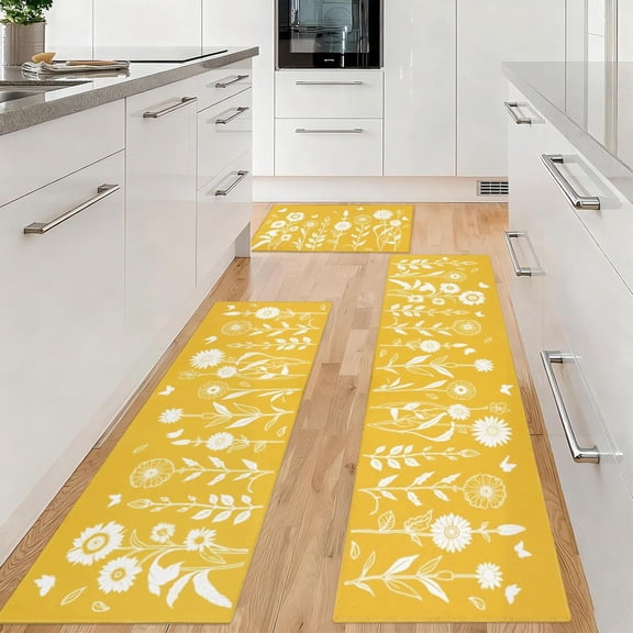 Yellow Sunflower Kitchen Rugs Sets of 3 Piece, Flower Boho Kitchen Mat for Floor Area Runner Rug Washable, Farmhouse Yellow Kitchen Decor and Accessories