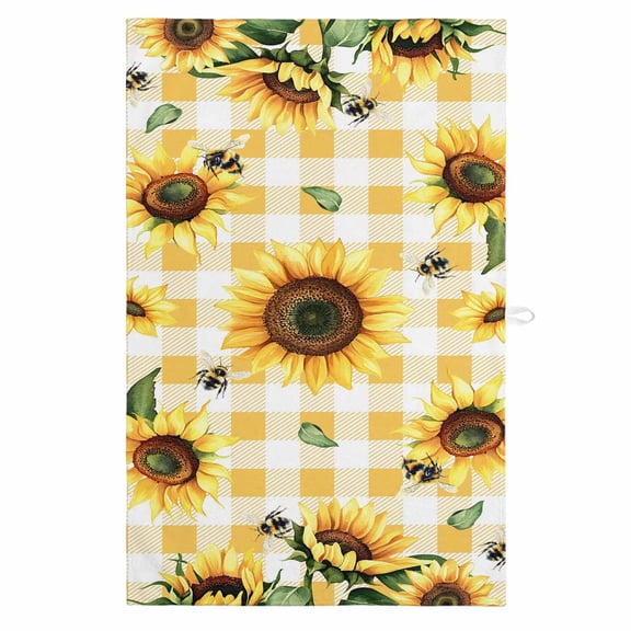 Yellow Sunflower Kitchen Towels, Absorbent Microfiber Kitchen Dish Hand Tea Bath Towel, Vintage Country Bee Plaid Ginger Check Quick Dry Cleaning Cloth Dishclothes Decorative Sets, (1-PC, 18x28)