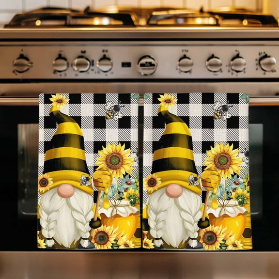 Yellow Sunflower Kitchen Towels Set of 1, Spring Summer Bee Gnomes Black Plaid Absorbent Dish Towels for Kitchen, Microfiber Hand Towel, Quick Drying Tea Towel for Cleaning Decorative Dishcloths