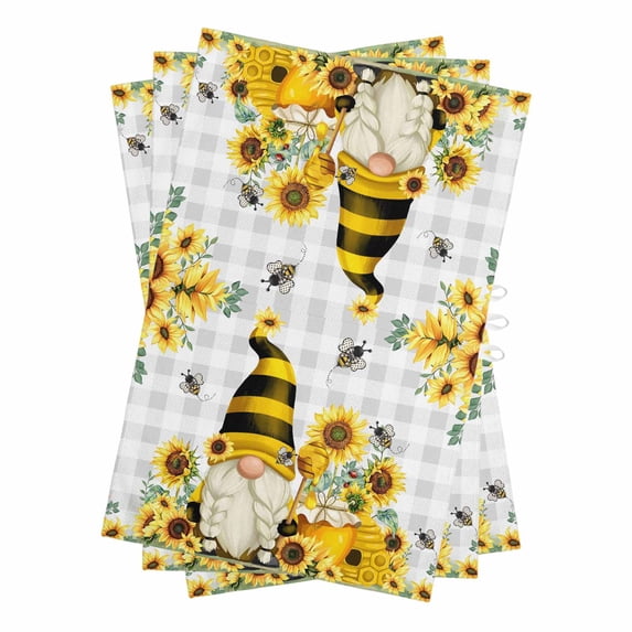 Yellow Sunflower Kitchen Towels Set of 3, Water Absorbent Dish Towel, Spring Summer Bee Gnomes Grey Plaid Decorative Hand Towels - Quick Drying Cloth for Cooking Baking, 18x28 Inch