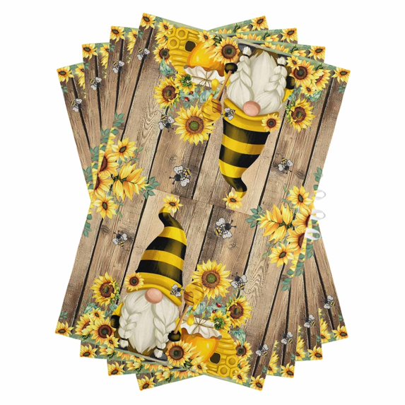 Yellow Sunflower Kitchen Towels Set of 4, Water Absorbent Dish Towel, Farmhouse Wood Grain Bees Gnomes Decorative Hand Towels - Quick Drying Cloth for Cooking Baking, 18x28 Inch