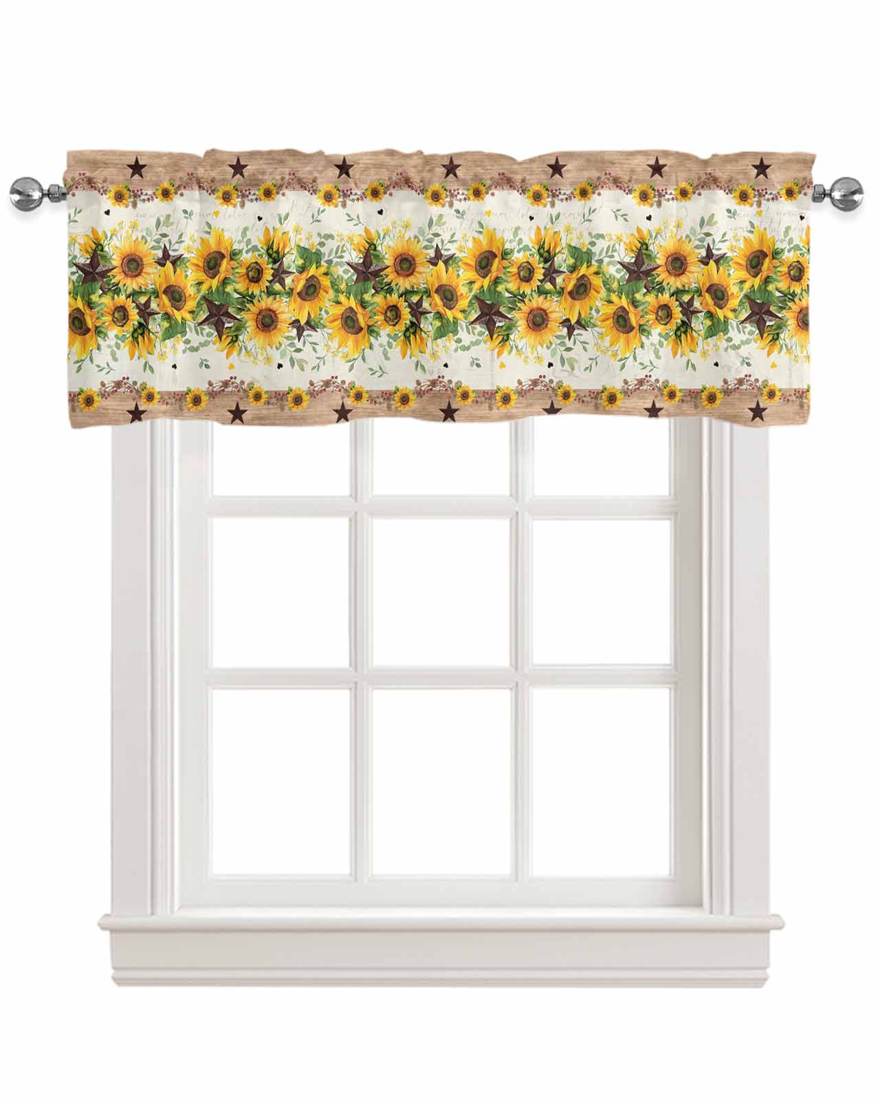 Yellow Sunflower Kitchen Valances for Windows Farmhouse Linen Window Valance Curtain for Living Room Window Treatment Green Leaves Wood Country Vintage Valance Rod Pocket Topper Drape, 54 x 18 Inch