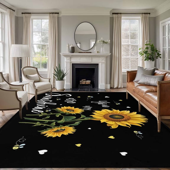 Yellow Sunflower Large Area Rug 8x10 FT, Non Slip Living Room Throw Carpet, Summer Flower Bee Sunshine Black Washable Soft Indoor Outdoor Carpet Non-Shedding Rug for Bedroom Dining Room