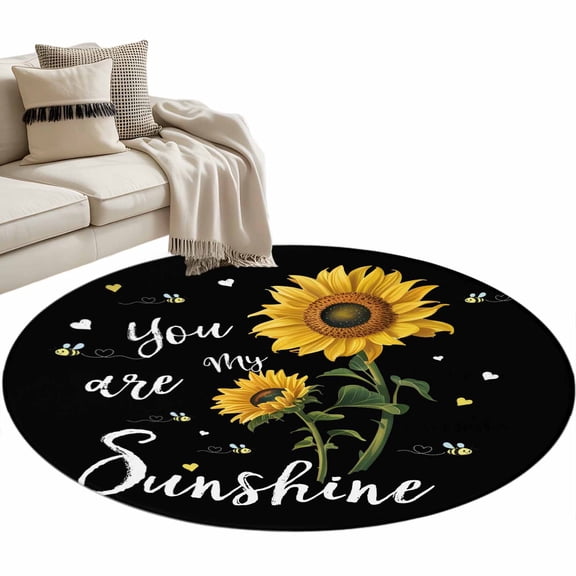 Yellow Sunflower Large Area Rugs for Bedroom Living Room, Soft Non Slip Carpet Bedside Rug, Summer Flower Bee Sunshine Black Round Floor Cover Kitchen Accent Rug 4' for Dining Room/Office