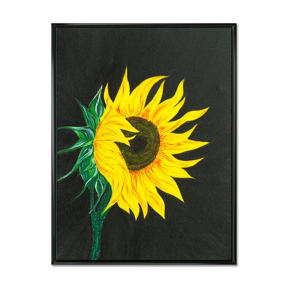 Yellow Sunflower On Black 12 in x 20 in Framed Painting Canvas Art Print, by Designart