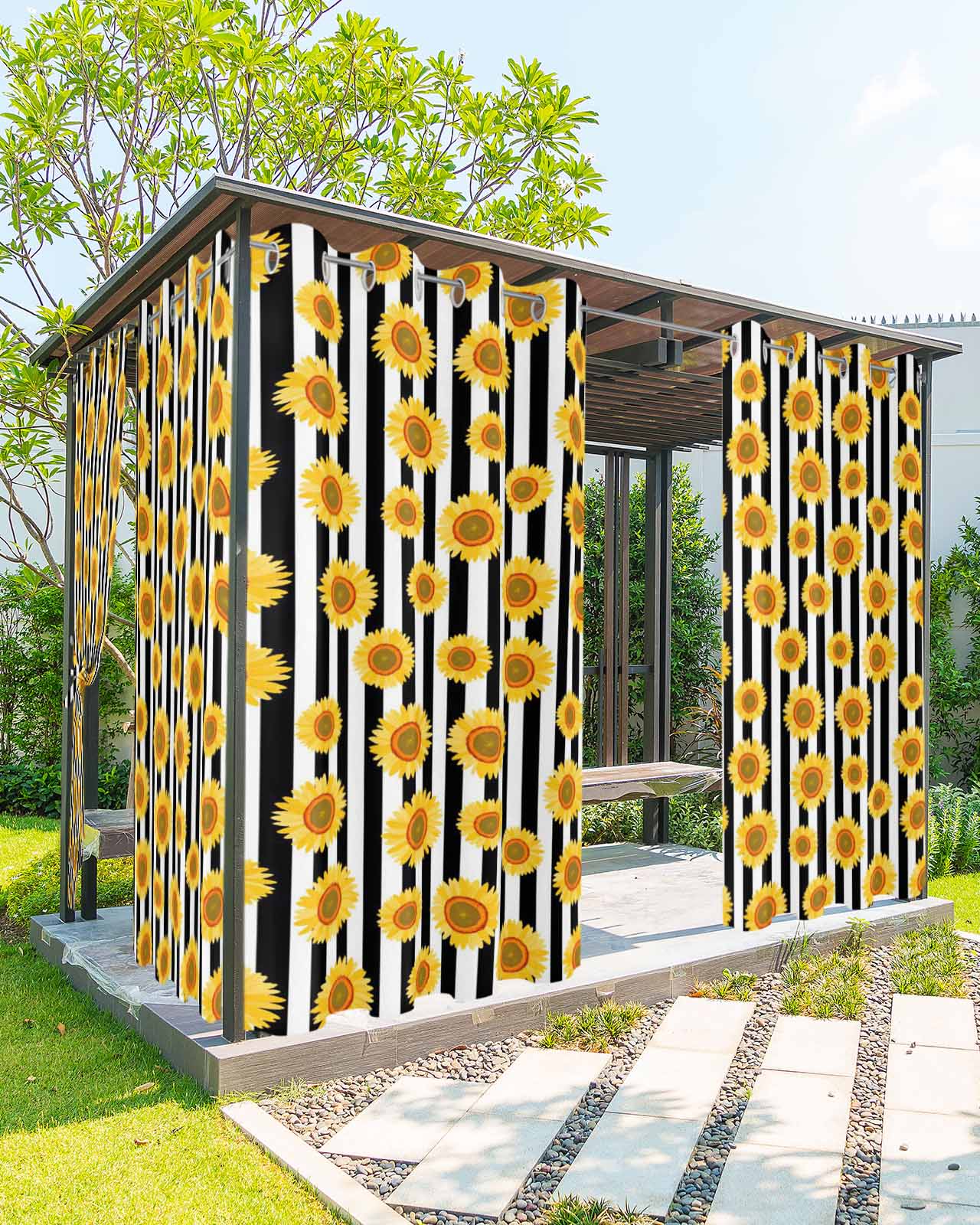 Yellow Sunflower Outdoor Curtains for Patio, Black White Stripe Farmhouse Privacy Drapes Grommet Waterproof Outside Curtains for Porch/Cabana/Balcony 54"x 108", 1 Panel