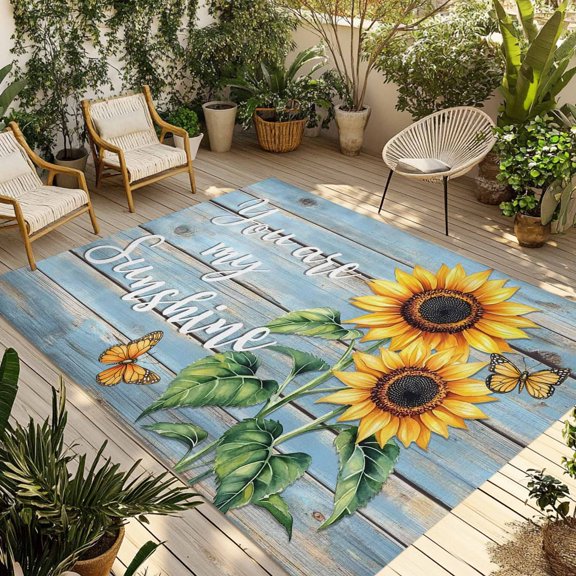 Yellow Sunflower Outdoor Rug 4x6 Ft - Reversible Patio Rug Outdoor Camping Rugs, Butterfly Sunshine Blue Farmhouse Wood Indoor Outdoor Area Rugs, Non-Slip Outdoor Carpet Runner for Deck/Porch