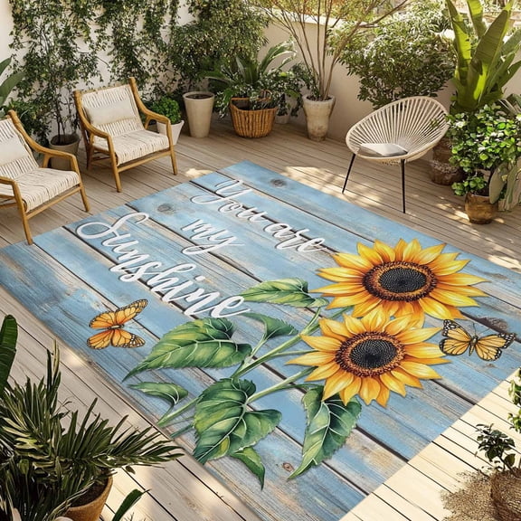 Yellow Sunflower Outdoor Rug 6x9 Ft - Reversible Patio Rug Outdoor Camping Rugs, Butterfly Sunshine Blue Farmhouse Wood Indoor Outdoor Area Rugs, Non-Slip Outdoor Carpet Runner for Deck/Porch