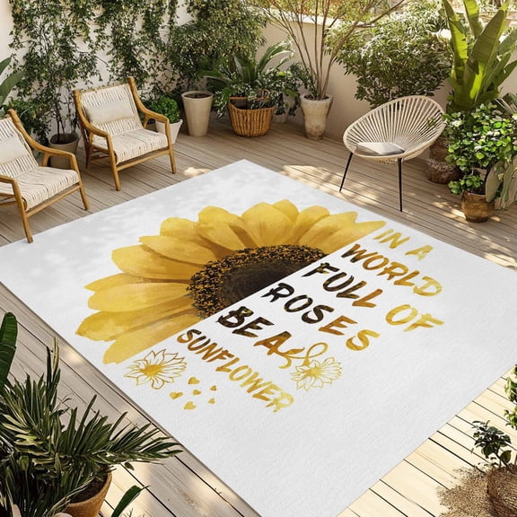 Yellow Sunflower Outdoor Rug for Patio/Deck/Porch, Non-Slip Large Area Rug 3 x 5 Ft, Floral Rustic White Quotes Indoor Outdoor Rugs Washable Area Rugs, Reversible Camping Rug Carpet Runner