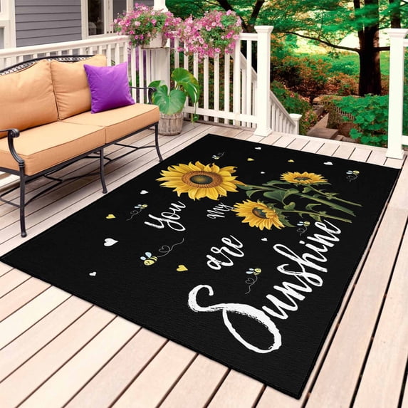 Yellow Sunflower Outdoor Rug for Patio/Deck/Porch, Non-Slip Large Area Rug 5 x 8 Ft, Summer Flower Bee Sunshine Black Indoor Outdoor Rugs Washable Area Rugs, Reversible Camping Rug Carpet Runner