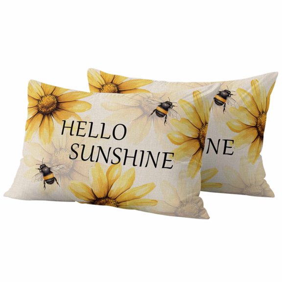 Yellow Sunflower Outdoor Waterproof Pillow Covers, Bee Retro Simple Text Art Aesthetic Decorative Rectangle Throw Pillowcase Sofa Cushion Sham for Patio/Couch/Chair, 20"x12" 2 Pack