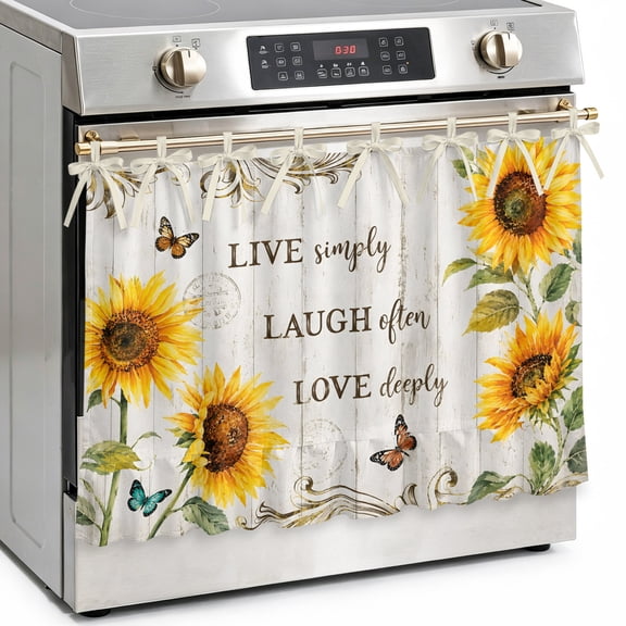 Yellow Sunflower Oven Skirt Curtain Tie Top Live Laugh and Love Text Script Butterfly Wood Grain Oven Door Curtain Dishwasher Cover Stove Skirt with 8 Ribbon Ties for Kitchen Decor 27x20 Inch