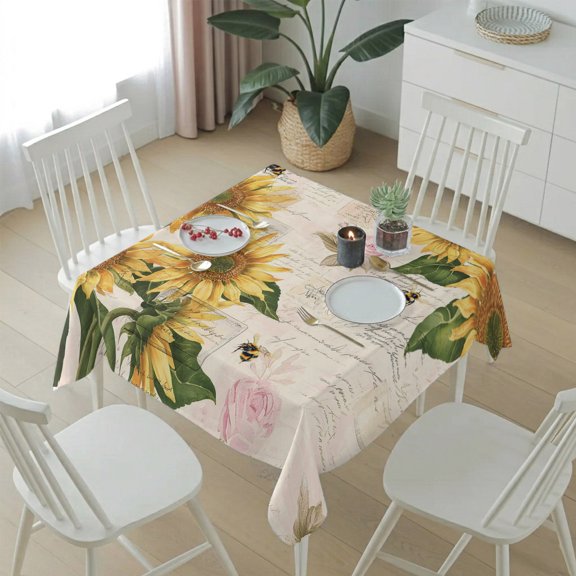 Yellow Sunflower Pastoral Rose Table Cloth 54x54in, Waterproof Square Tablecloth Wipeable Tablecloths Abstract Letter Background Table Covers for Dining Tables Party Indoor Outdoor