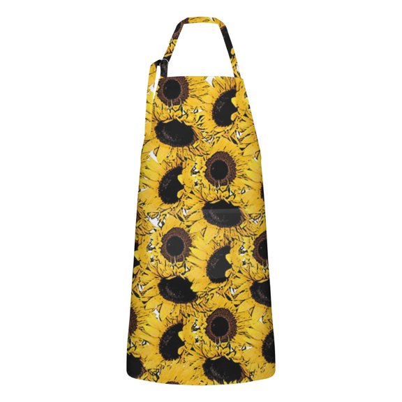 Yellow Sunflower Pattern Apron-Garden Aprons for Women with Pockets-Cotton Linen Waterproof Kitchen Cooking Gardening Aprons Adjustable for Kitchen,Cooking,BBQ and Salon 33x27 Inch