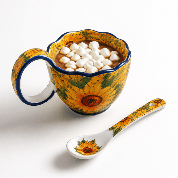 Yellow Sunflower Pattern Ceramic Handled Bowl Set for Cereal, Soup and Coffee