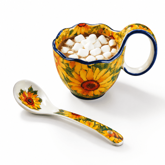 Yellow Sunflower Pattern Ceramic Soup Bowl Set with Handles and Spoon for Cereal Yogurt
