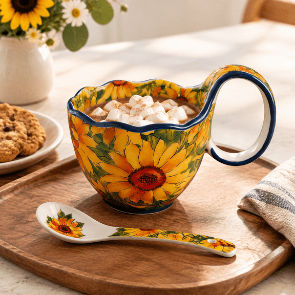 Yellow Sunflower Pattern Ceramic Soup Bowl Set with Handles and Spoon for Cereal Yogurt