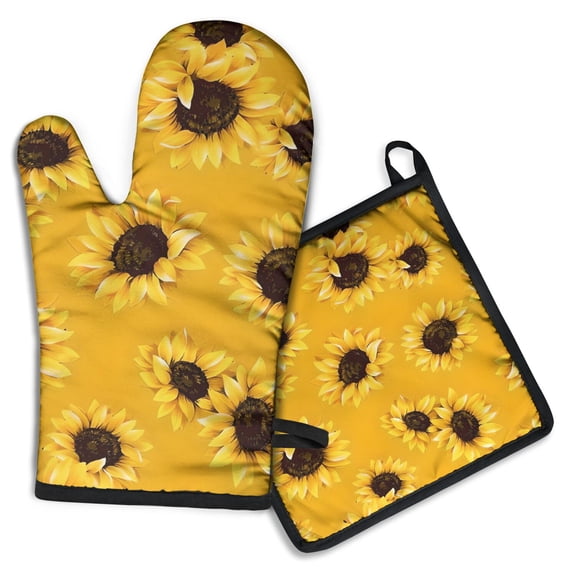 Yellow Sunflower Pattern Kitchen Oven Mitt and Pot Holder Sets 2 Pcs for Baking, Cooking and Grilling, Heat Resistant Up To 392 °F