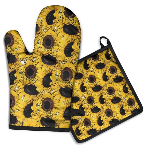 Yellow Sunflower Pattern Kitchen Oven Mitt and Pot Holder Sets 2 Pcs for Baking, Cooking and Grilling, Heat Resistant Up To 392 °F