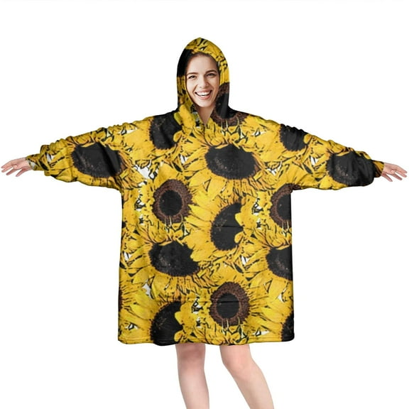 Yellow Sunflower Pattern Wearable Oversized Blanket,Wearable Blanket Hoodie for Adults,Cozy Hooded Blankets with Super Pockets,Super Warm Fuzzy Pullover for Women & Men