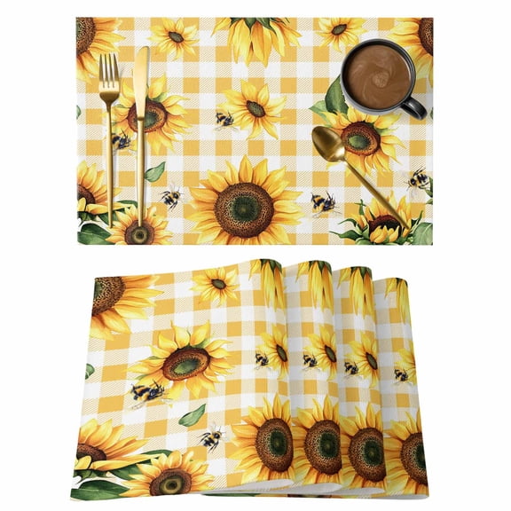 Yellow Sunflower Placemats Set of 2,Cotton Linen Fabric Place Mats,Vintage Country Bee Plaid Ginger Check Washable Decorative Table Mats Protector for Home Kitchen Dining Wedding Party Coffee Tables