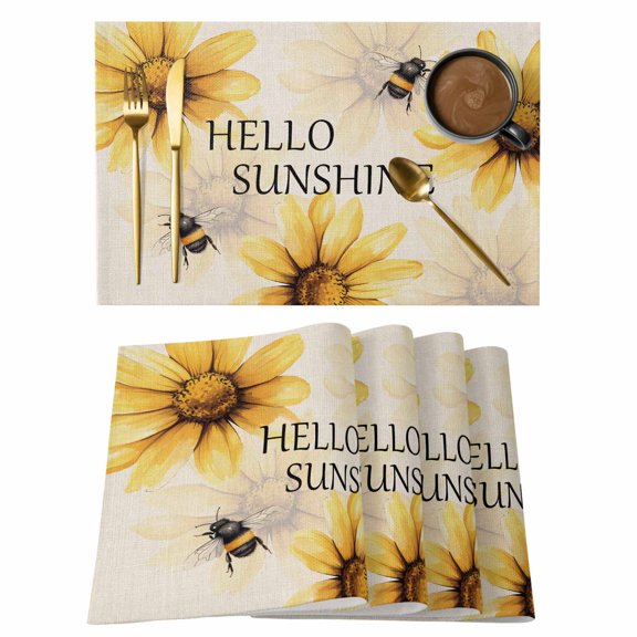 Yellow Sunflower Placemats Set of 4 Bee Retro Simple Text Art Aesthetic Place Mats Indoor Wipeable Table Mats Washable Cloth Dining Table Placemats for Kitchen Holiday Party Home Decor 13x19 Inch