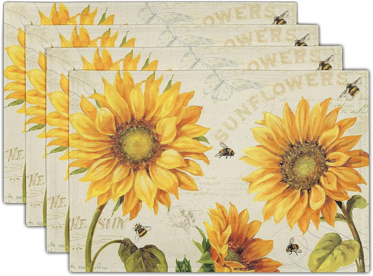 Set of 4 Yellow Sunflower Placemats, Heat Resistant, Machine Washable