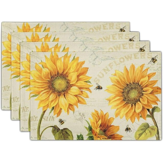 Set of 4 Yellow Sunflower Placemats, Heat Resistant, Machine Washable
