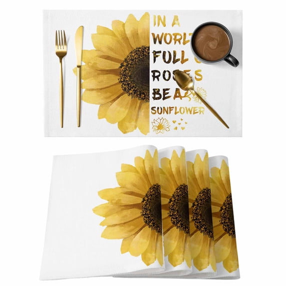 Yellow Sunflower Placemats Set of 8, Floral Rustic White Quotes Placemats for Dining Table, Place Mats for Kitchen Tabletop, Waterproof Wipeable Dining Table Mats Set