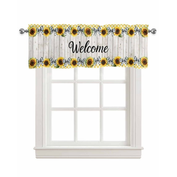 Yellow Sunflower Plaid Kitchen Valances for Windows Farmhouse Linen Window Valance Curtain for Living Room Window Treatment Bows White Wood Country Art Valance Rod Pocket Topper Drape, 54 x 18 Inch