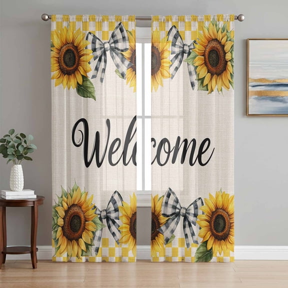 Yellow Sunflower Plaid Sheer Curtains 63 Inch Length 2 Panels Set, Bows Beige Vintage Pastoral Voile Window Treatment Rod Pocket Curtains Sheers Drapes for Bedroom/Living Room/Kitchen 52x"63"x2