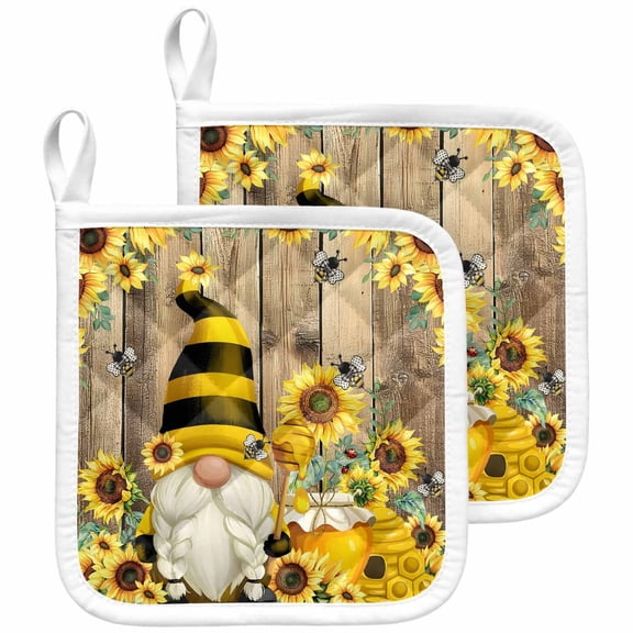 Yellow Sunflower Pot Holders for Kitchen Heatproof Potholder, 2 Pack Farmhouse Wood Grain Bees Gnomes Hot Pads Multipurpose Oven Pads Cloth Potholders Trivet for Cooking and Baking