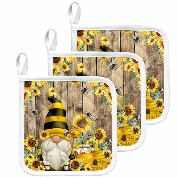 Yellow Sunflower Pot Holders for Kitchen Heatproof Potholder, 3 Pack Farmhouse Wood Grain Bees Gnomes Hot Pads Multipurpose Oven Pads Cloth Potholders Trivet for Cooking Baking