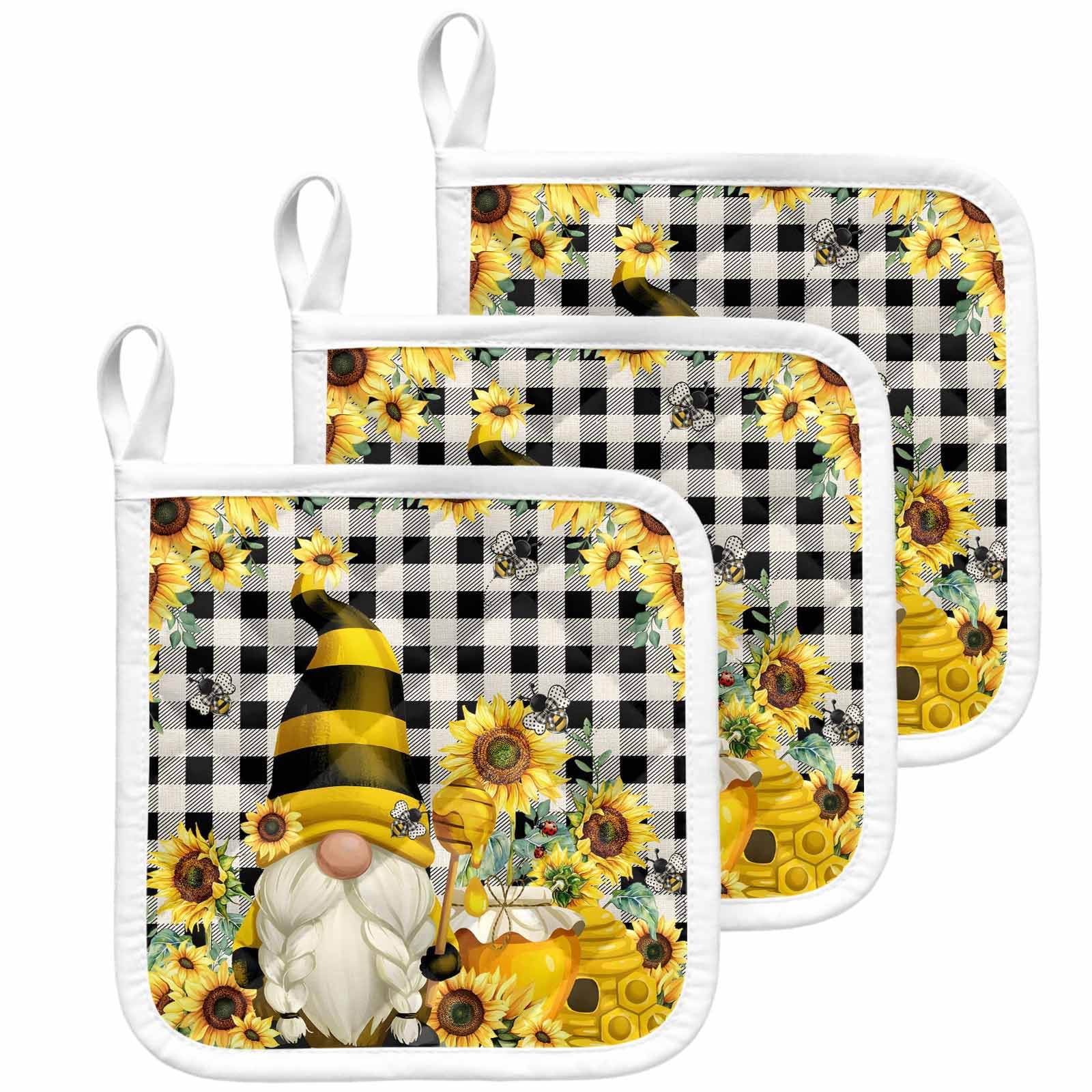 Yellow Sunflower Pot Holders for Kitchen Heatproof Potholder, 3 Pack Spring Summer Bee Gnomes Black Plaid Hot Pads Multipurpose Oven Pads Cloth Potholders Trivet for Cooking Baking