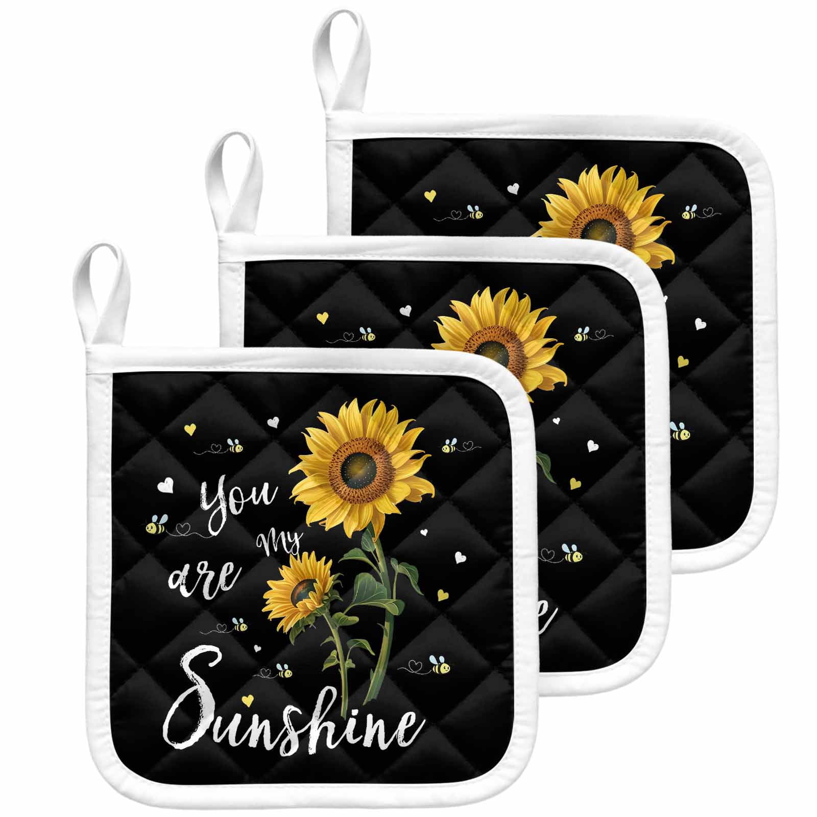 Yellow Sunflower Pot Holders for Kitchen Heatproof Potholder, 3 Pack Summer Flower Bee Sunshine Black Hot Pads Multipurpose Oven Pads Cloth Potholders Trivet for Cooking Baking