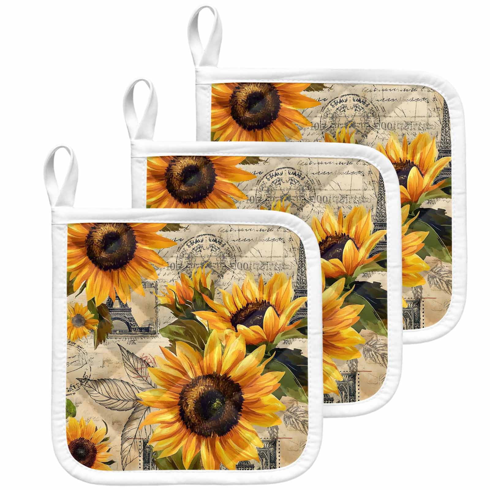 Yellow Sunflower Pot Holders for Kitchen Heatproof Potholder, 3 Pack Watercolor Retro Floral Plant Leaf Hot Pads Multipurpose Oven Pads Cloth Potholders Trivet for Cooking Baking