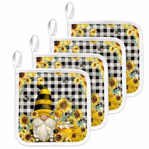 Yellow Sunflower Pot Holders for Kitchen Heatproof Potholder, 4 Pack Spring Summer Bee Gnomes Black Plaid Hot Pads Multipurpose Oven Pads Cloth Potholders Trivet for Cooking and Baking