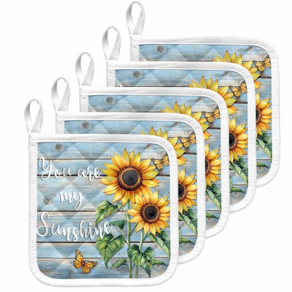 Yellow Sunflower Pot Holders for Kitchen Heatproof Potholder, 5 Pack Butterfly Sunshine Blue Farmhouse Wood Hot Pads Multipurpose Oven Pads Cloth Potholders Trivet for Cooking Baking