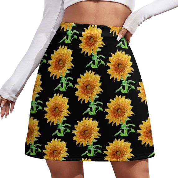 Yellow Sunflower Print A-line Skirt Black White Plaid Aesthetic Casual Skirts Cute Mini Sk